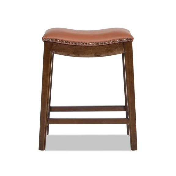Jennifer Taylor Home Barlow 24.5" Top Grain Leather Backless Saddle Counter Stool, Bourbon Brown Leather