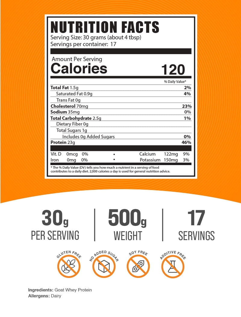 BulkSupplements Goat Milk Whey Protein Powder - Whey Protein Concentrate, Protein Supplement - Unflavored, 30g per Serving, 500g (1.1 lbs)