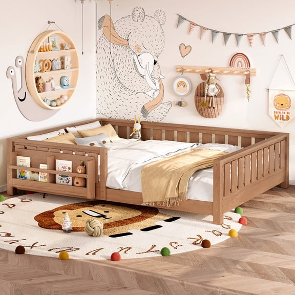 Bellemave Queen Size Floor Bed with Bookshelf, Wood Montessori Beds with Slats and Safety Guardrail, Low Profile Queen Bed Frame with Fence, No Box Spring Needed (Natural)