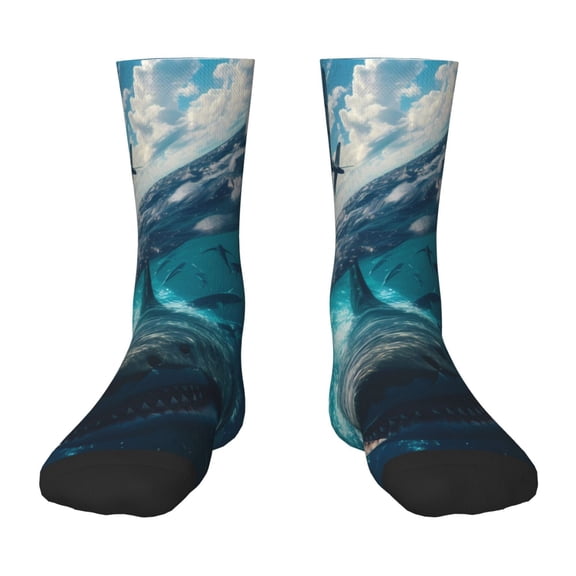 Fuzoiu Airplane Shark Print Kids Socks For Boys Girls,Grip Crew Socks with Non Slip,Lightweight Stretch Crew Socks,Toddlers Crew Boot Socks
