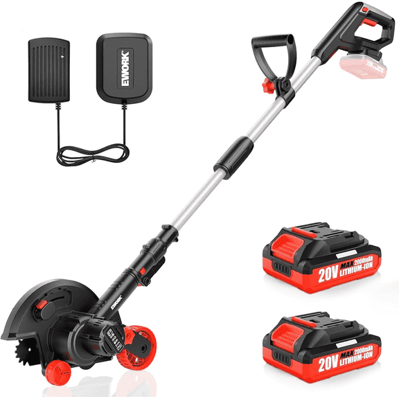 EWORK Cordless Lawn Edger, 20V Battery Powered Edger for Lawns with 9-Inch Blade & Dual Wheels, 3500RPM Electric Lawn Edger with 3 Depth Settings, 2 x 2.0Ah Batteries & Charger for Driveway, Sidewalk
