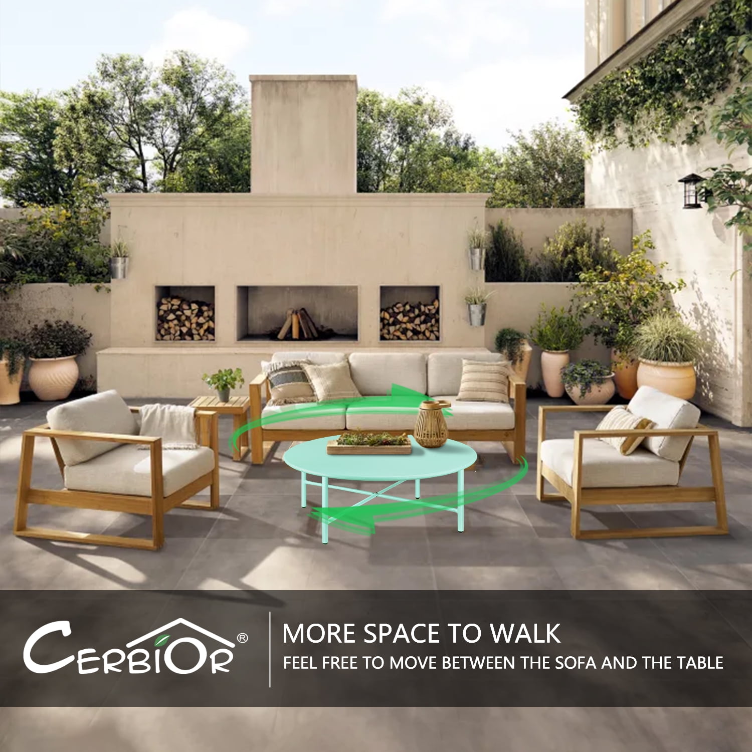 CERBIOR Patio Round Steel Coffee Table, Weather Resistant Anti-Rust and Waterproof Indoor and Outdoor Large Side Table, for Garden Living Room Bedroom Balcony (Mint Green)
