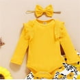 thumbnail image 4 of ZHUASHUM Baby Outfits For Boys Girls Long Sleeve Solid Ribbed Romper Tops Flower Print Pants With Headbands Outfit Set Clothes 3Pcs Yellow,18-24 Months, 4 of 4