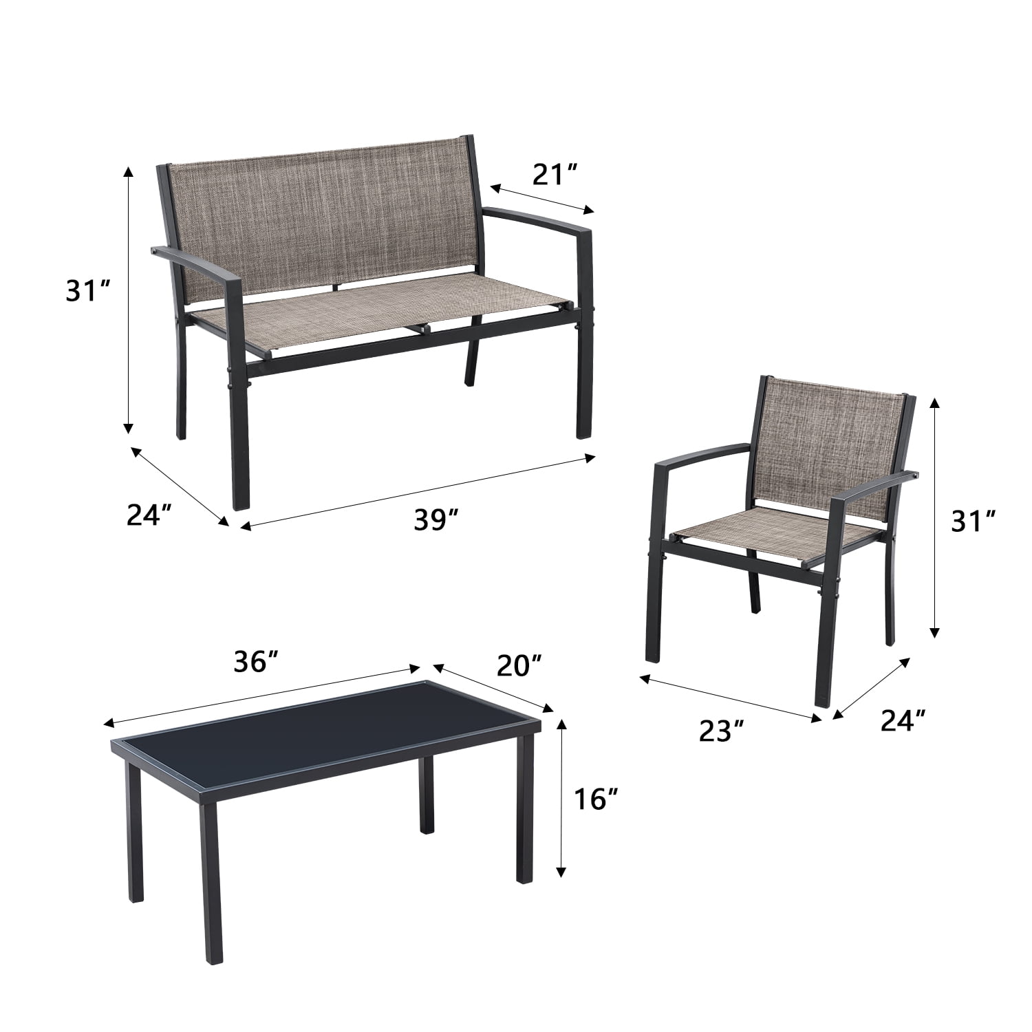 Vineego 4 Pieces Patio Furniture Outdoor furniture Outdoor Patio Furniture Set Textilene Bistro Set Modern Conversation Set Black Bistro Set with Loveseat Tea Table, Brown