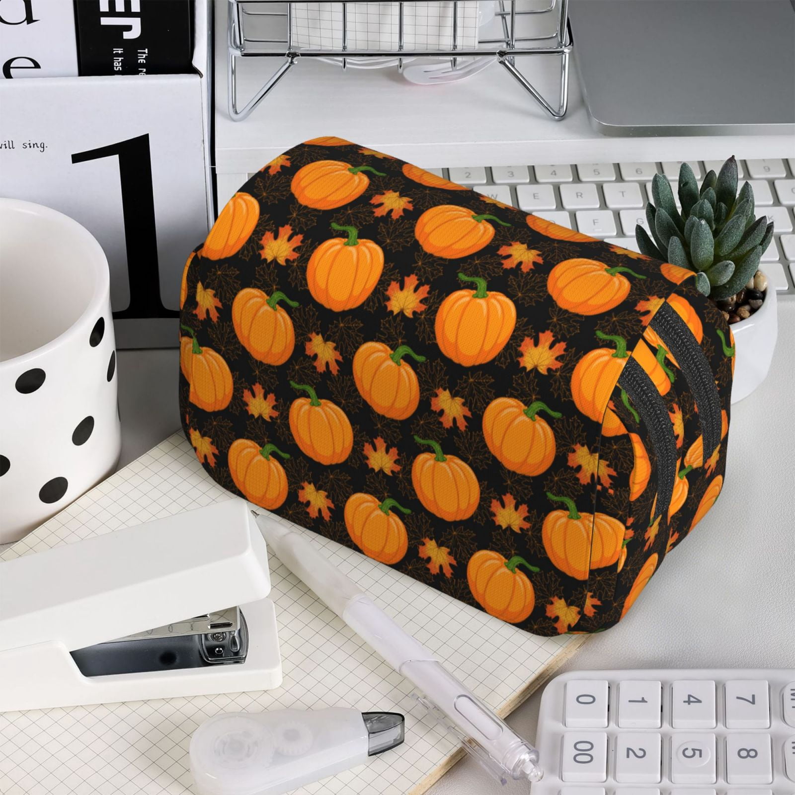 Rateoe Orange Pumpkin And Autumn Maple Pattern Double Clamshell Pen Case, Storage Organizer with Two Zipper Compartments– Holds Up to 50 Pencils & Pens