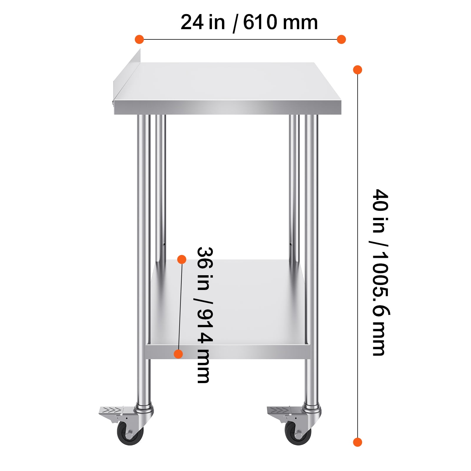 KFFKFF 24 x 36 x 40 Inch Stainless Steel Work Table, Commercial Food Prep Table with Wheels, Durable Metal Table with Adjustable Height for Kitchen, Home, and Hospitality Use