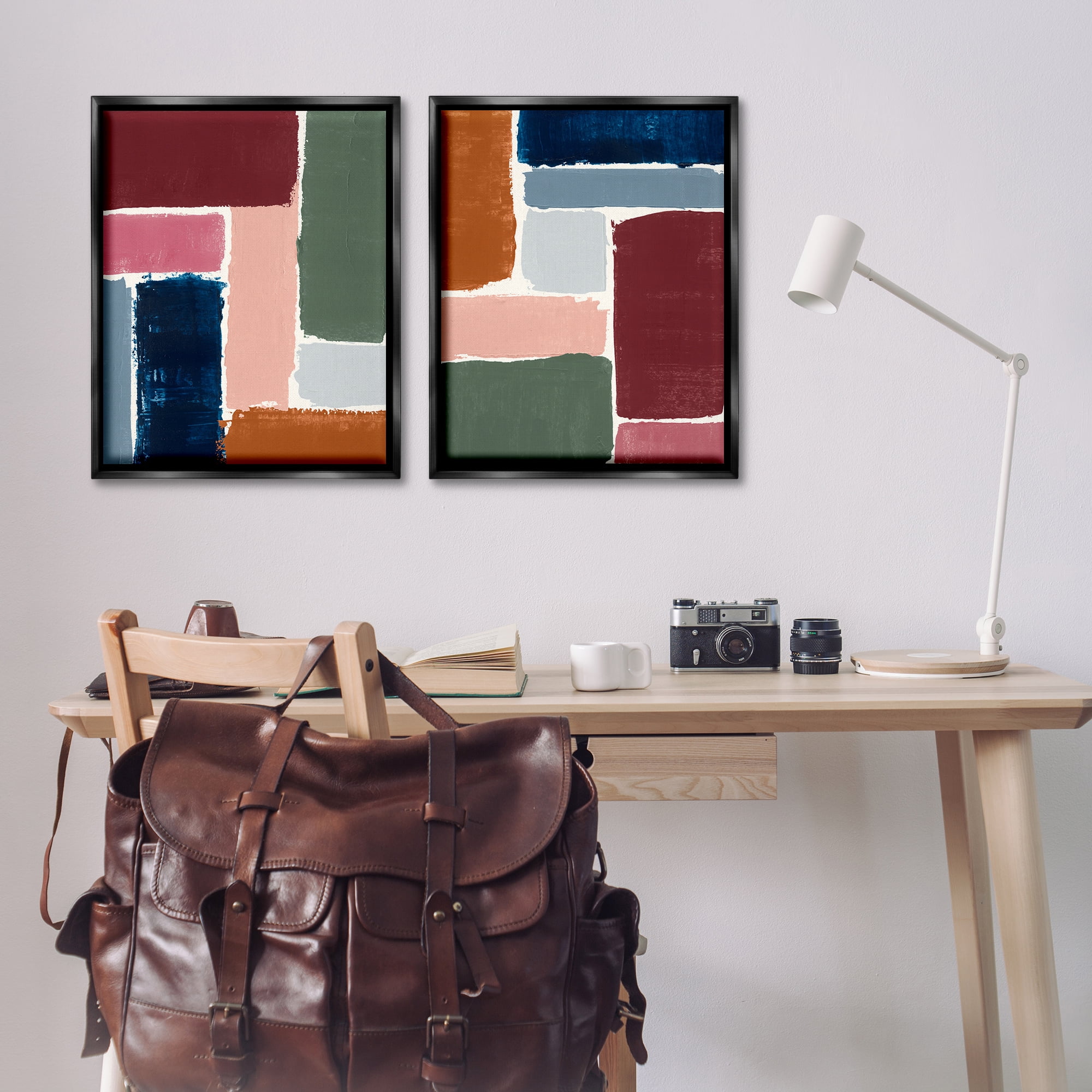 Stupell Industries Abstract Modular Color Block Abstract Painting Black Floater Framed Canvas Art Print Wall Art, 31 x 25, Set of 2
