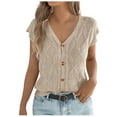thumbnail image 2 of Lutiedan Knited Tops for Women V Neck Ruffle Short Sleeve Basic Work Button Down Shirt Loose Fit Texture Fashion Summer Tops for Going Out, 2 of 8