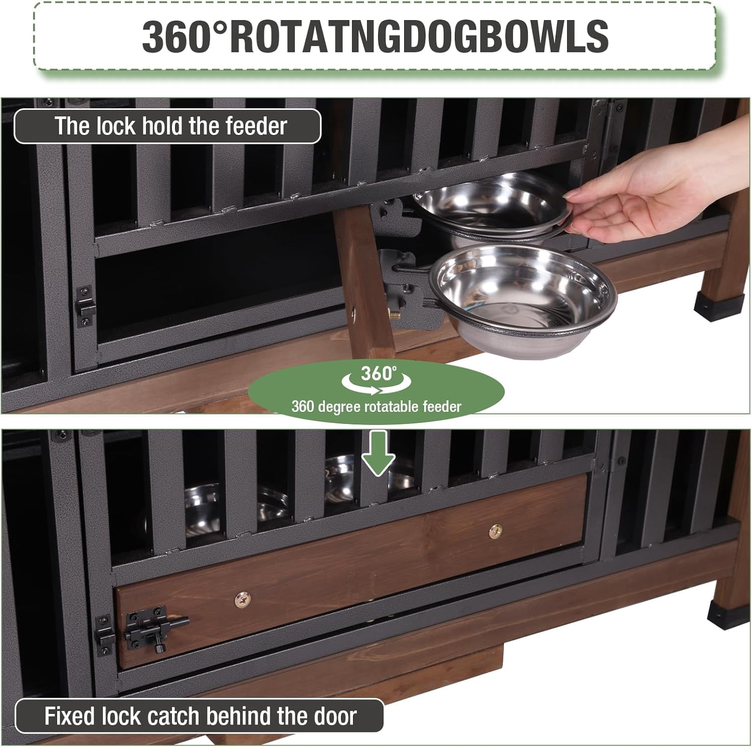 MEDEHOO 33.3’’ Dog Crate Furniture, Folding Dog Crates with 360° Rotating Bowls, Wooden Puppy Cage Kennel with Metal Frame for Small & Medium Dogs Indoor, Removable Tray and Floor (Brown)