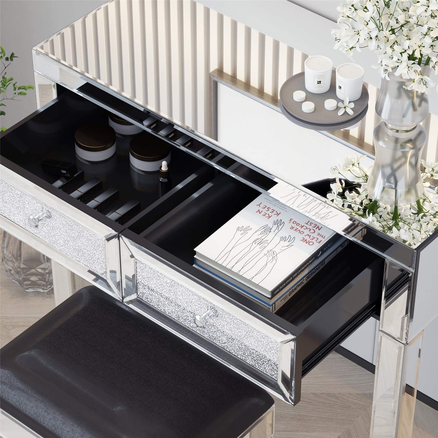 Private Jungle 2 Piece Home Furnishing Mirrored Vanity Table Set with Stool,Silver Private Jungle 2 Piece Home Furnishing Mirrored Vanity Table Set with Stool,Silver