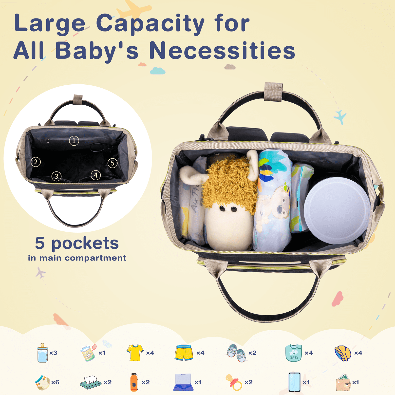 GPED Diaper Bag Backpack, Multifunctional Baby Changing Bag with Insulated Milk Bottle Pocket & Stroller Strap, Large Capacity Travel Backpack with USB Charging Port, Baby Bags for Boys Girls(Black)