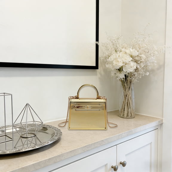 Metallic Mini Crossbody Bag for Women, Trendy Chain Shoulder Purse, Small Square Handbag with Top Handle, Solid Color Fashion Statement Bag