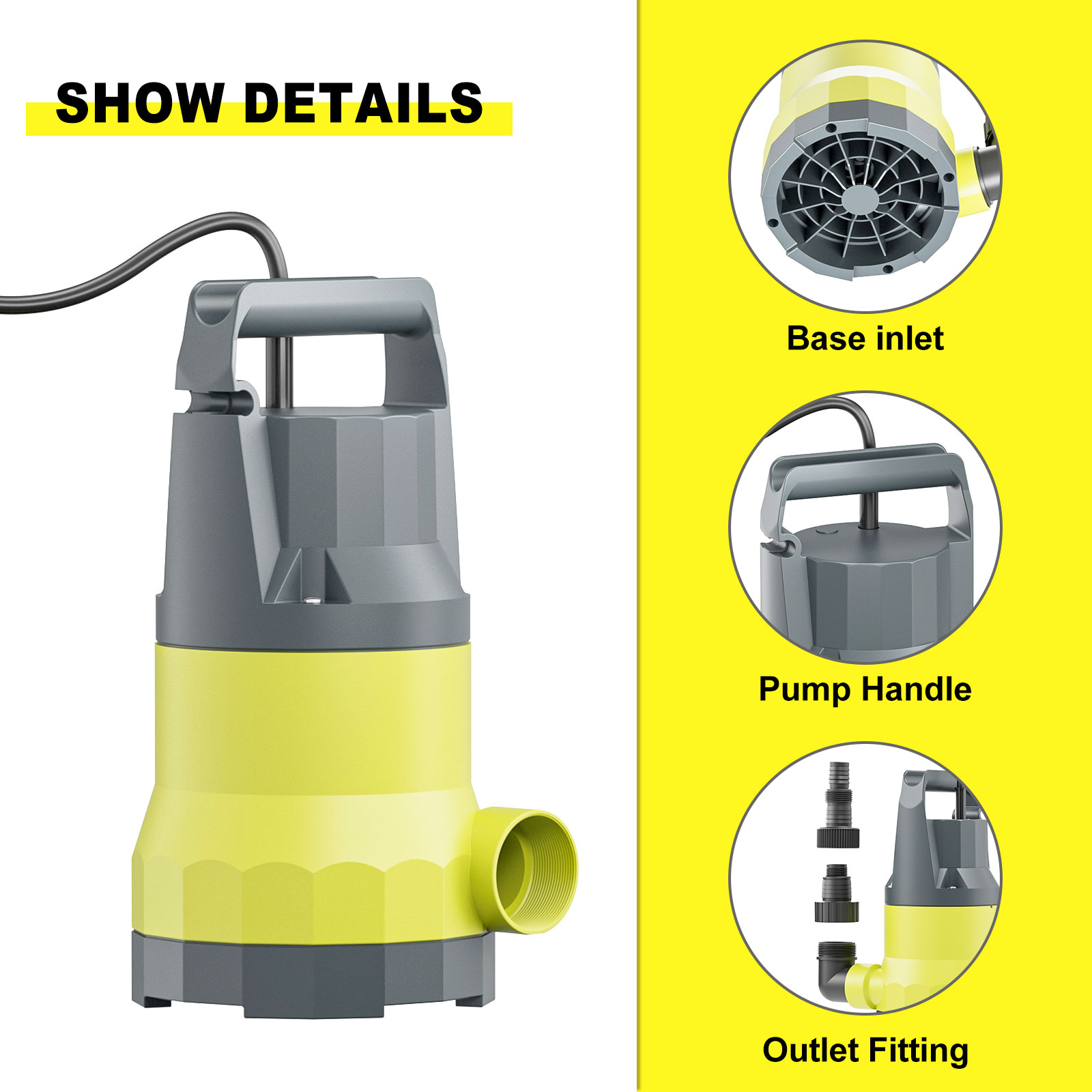 Sump Pump Submersible Water Pump 1.5HP 5500GPH Portable Water Transfer Draining Pump Utility Pumps for Pool Basement Hot Tub Garden with Adapters