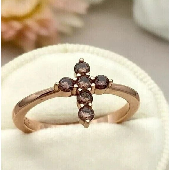 TAAPSEE JEWELS Cross Wedding Ring Round Cut Chocolate Cubic Zirconia Women 14K Rose Gold Plated Silver