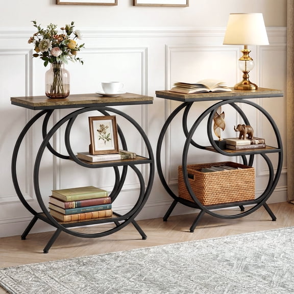 Finmind 3-Tier End Table,  23.62 inch Industrial Side Table for Living Room, Small Rectangle Nightstand for Bedroom , Rustic Brown & Black