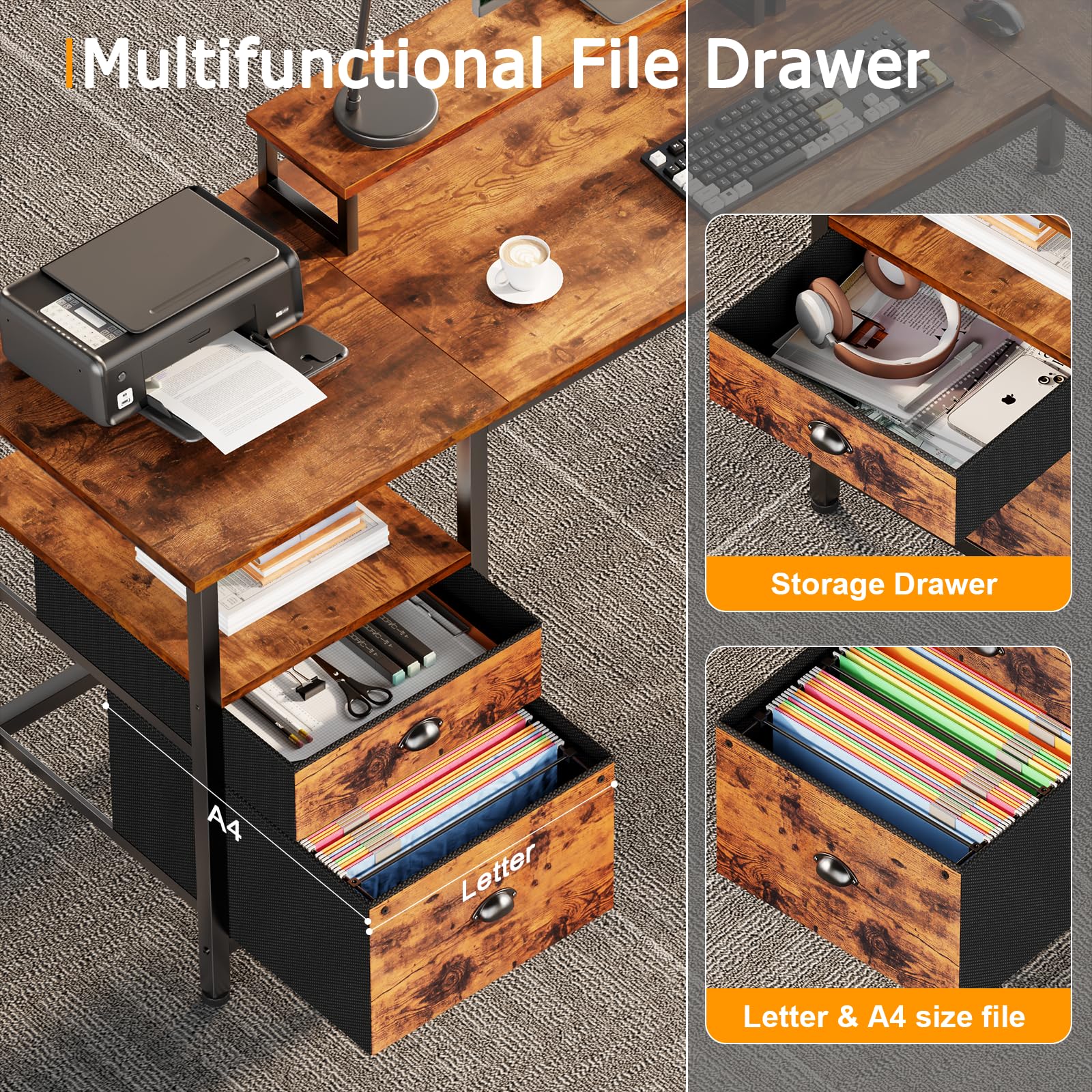 Furologee 66” L Shaped Desk with Power Outlet, Reversible Computer Gaming Desk with File Drawer & 2 Monitor Stands for Home Office with Storage Shelves, Rustic Brown