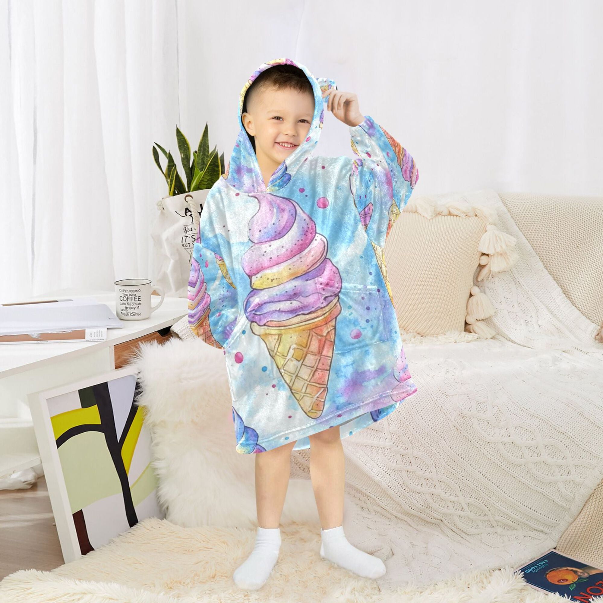 FORMRS Wearable Blanket Hoodie with Sleeves for Kids Cozy Flannel Sweatshirt, Watercolor Ice Cream Pattern