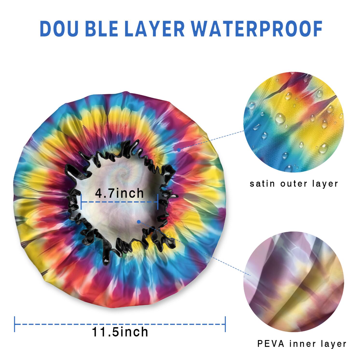 Shower Caps,Colorful Tie Dye Mandala Pattern Waterproof Shower Cap for Women 4 Pieces,Double Reusable Hair Cover for Shower PEVA Elastic Stretch Hem