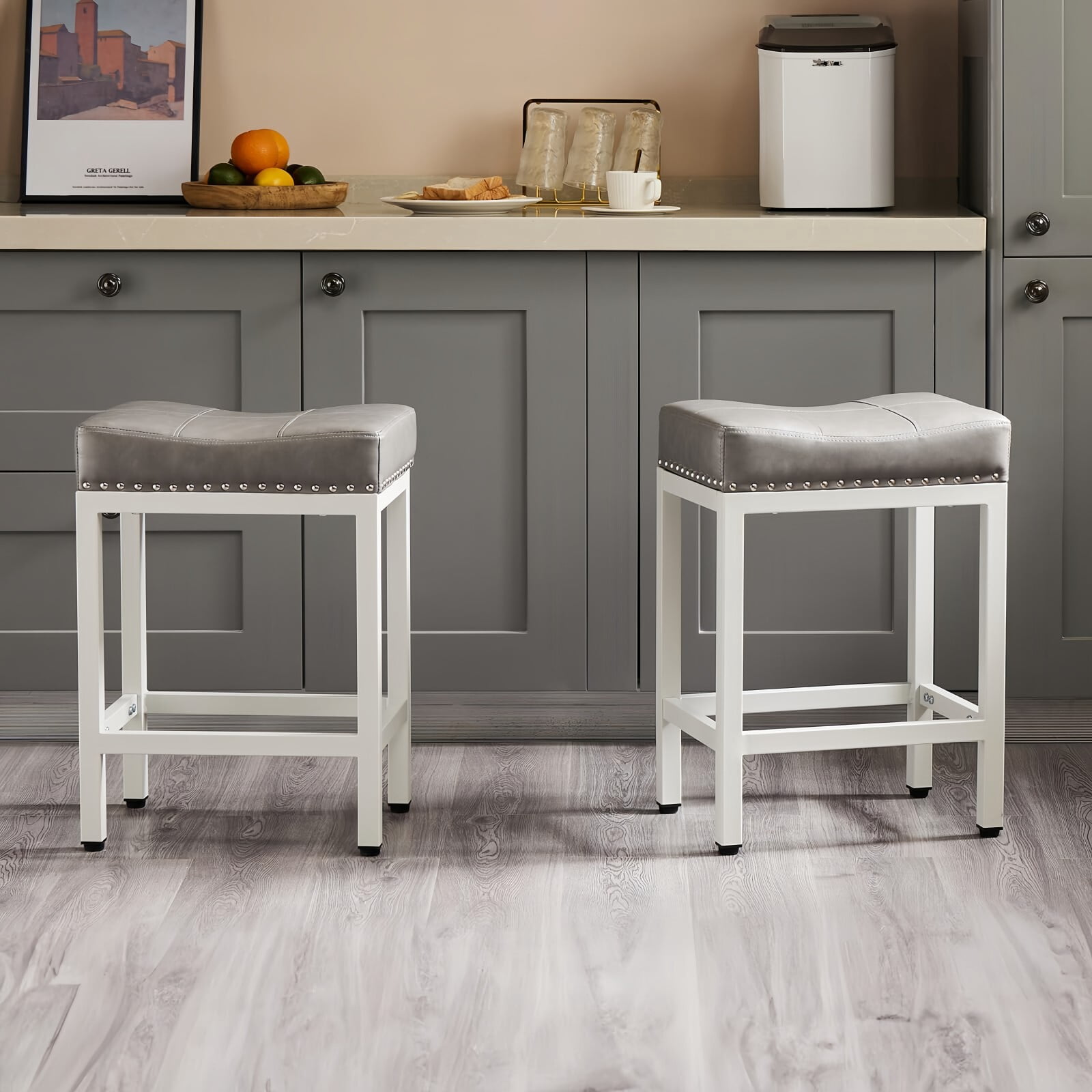 Kelno 24 Inch Saddle Bar Stool Set of 2 PU Leather Counter Stools with Steel Frame and Footrest, Gray