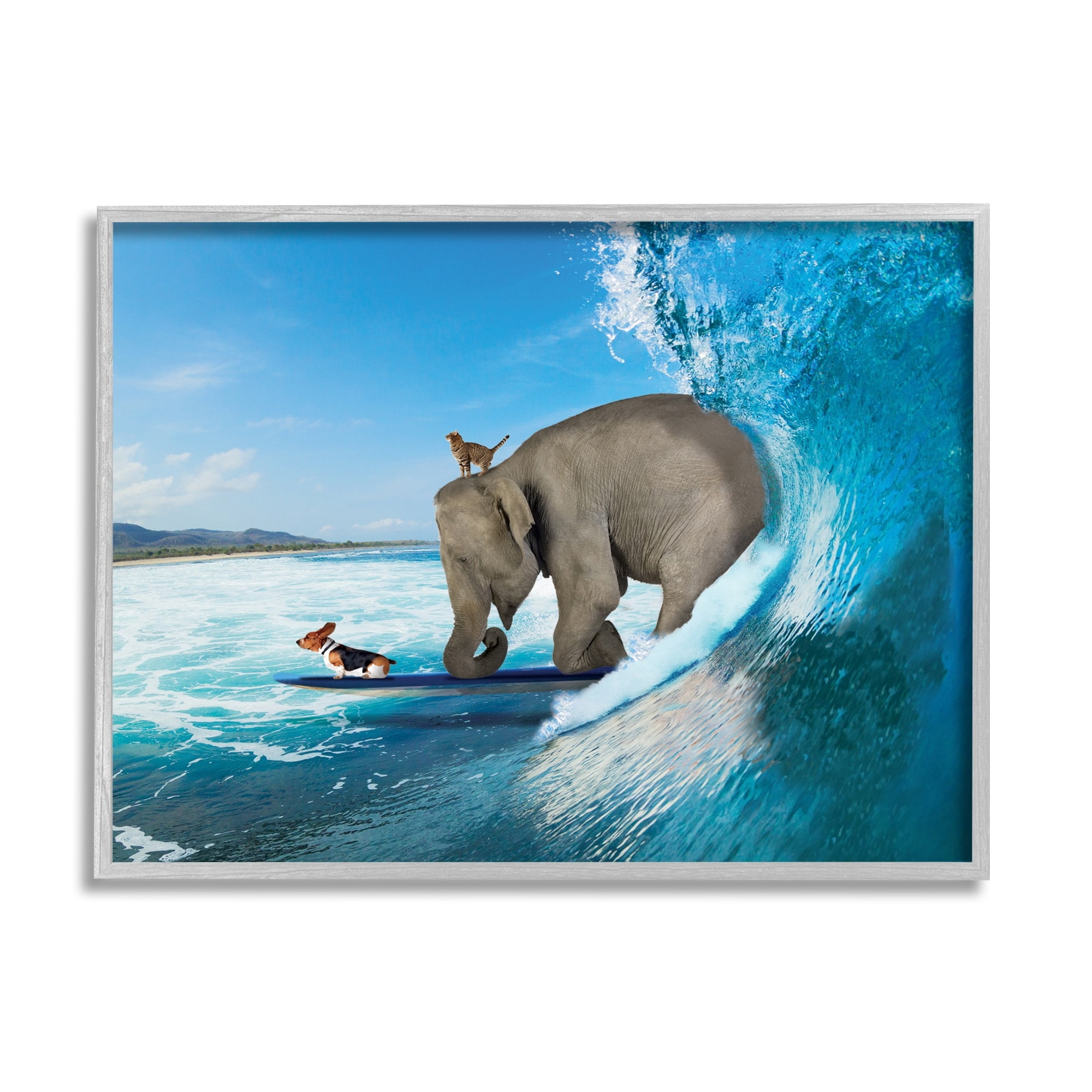 Stupell Industries Animals Riding Ocean Waves Surfing Elephant Cat Dog Graphic Art Gray Framed Art Print Wall Art, Design by Nobleworks