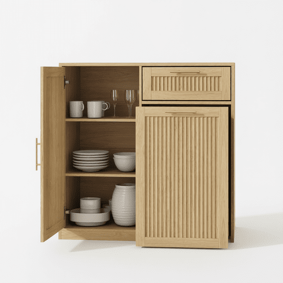13 Gallon Pull Out Trash Can Cabinet with Storage, Natural Oak Fluted Kitchen Trash Cabinet, Adjustable Shelf & Drawer, Hidden Wood Pet Proof Trash Can Holder for Laundry Living Room