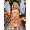 thumbnail image 3 of BemeyourBBs Toddler Baby Girls Halloween Outfit Baby Girl Summer Fall Clothes Plaid Gingham Romper Overalls Pumpkin Ghost Embroidery Sleeveless Ruffle Bow Flare Pants Bell Bottom Jumpsuit, 3 of 7