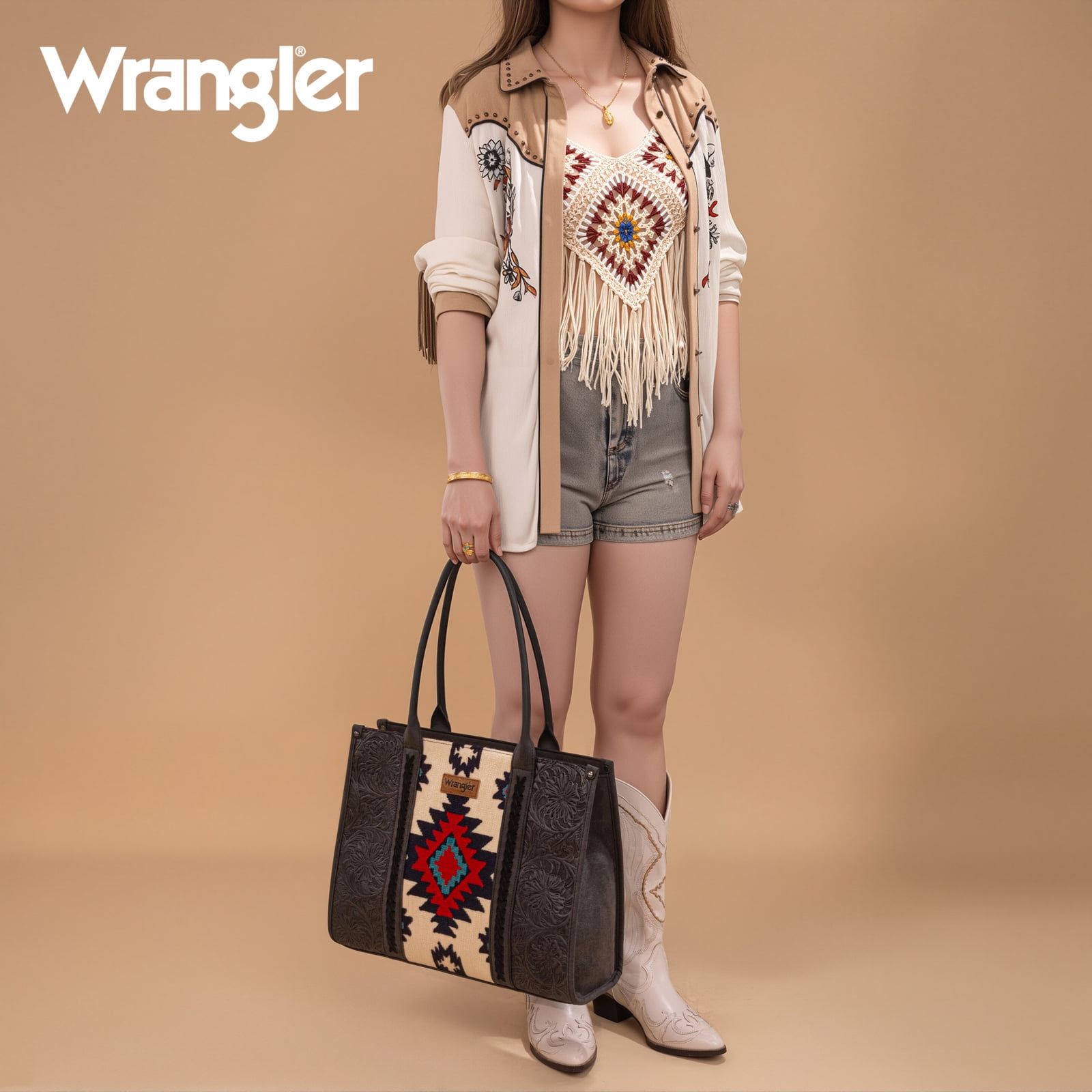 Wrangler Aztec Tote Bag for Women Western Shoulder Purse Top Handle Handbag Stylish and Functional Aztec Design， Black