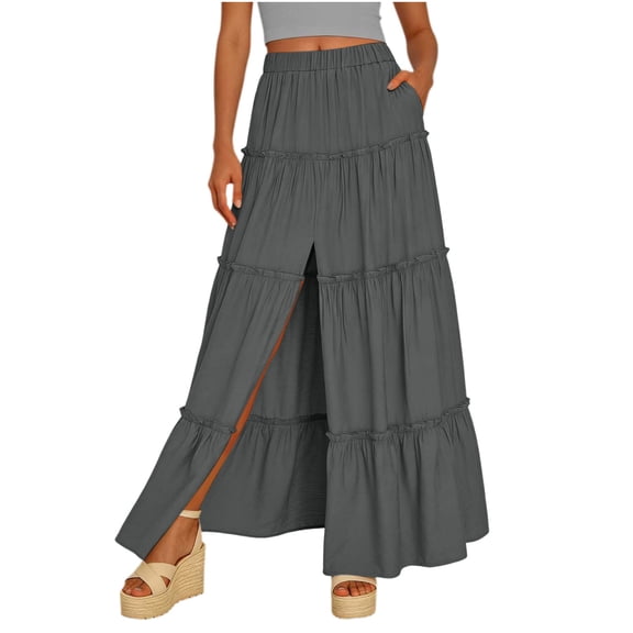 AUNVITO Women's Pleated Midi Skirt with Ruffle Hem Side Pockets Elastic Waistband and Slit Casual Comfortable Style