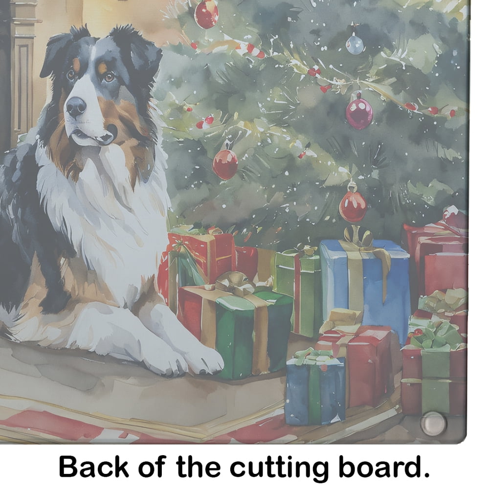 Australian Shepherd Cozy Christmas Glass Cutting Board Large 12 in x 15 in