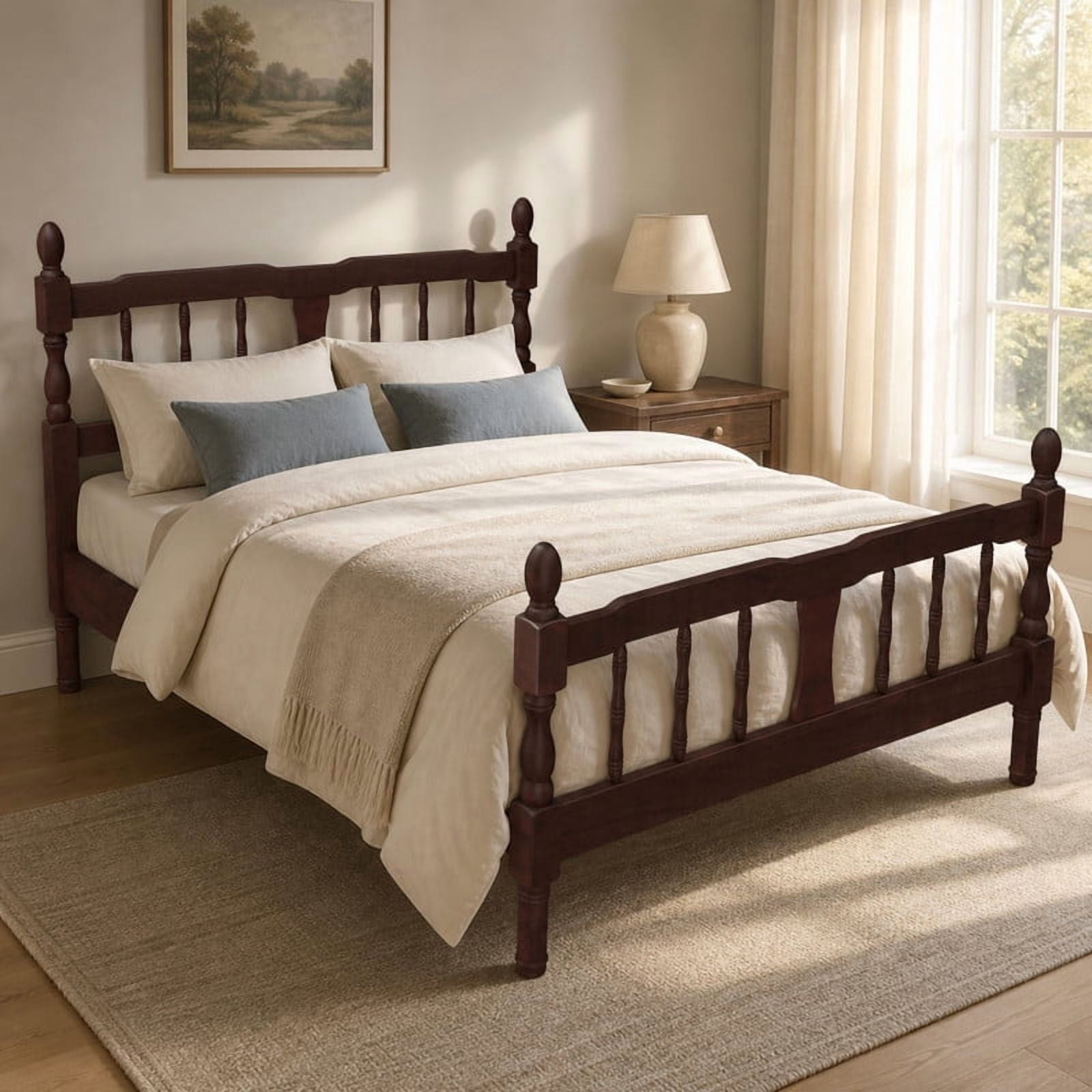 Euroco Wood Full Size Platform Bed Frame, Classic Farmhouse Bed Frame with Spindle Headboard, Dark Walnut