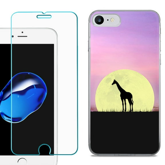 For Apple iPhone SE 2020 Case, Slim-Fit TPU Phone Case, with Tempered Glass Screen Protector, by OneToughShield ® - Moonlight Giraffe