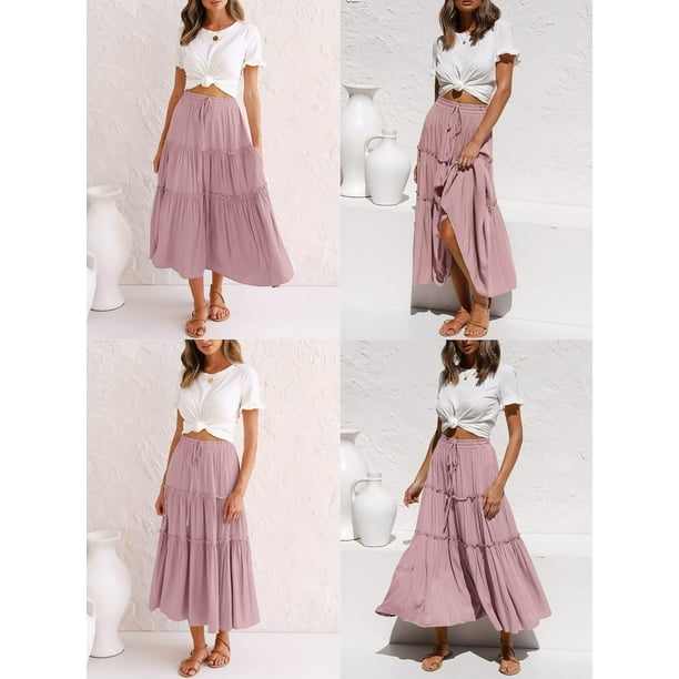 MOSHU Women's Long Flow Maxi A-Line Pleated Midi Skirt with