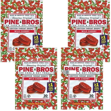 4 Bags Pine Bros. Softish Throat Drops Wild Cherry - 30 count,