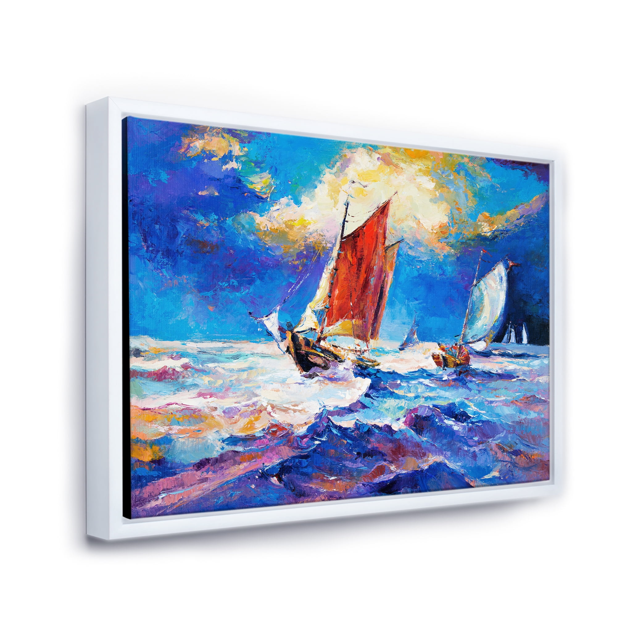 Designart 'Sailships On The Ocean Waves During Evening' Nautical & Coastal Framed Canvas Wall Art Print