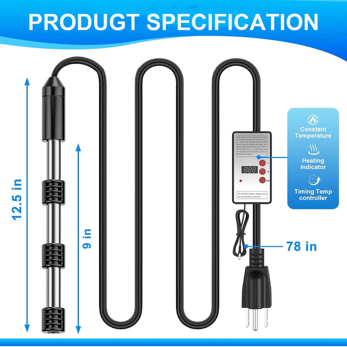 2000W Portable Submersible Water Heater with Thermostat for Bathtubs, Buckets & Inflatable Above Ground Pools