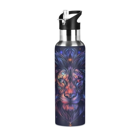 

Water Bottles 34oz Straw Lid Wide Mouth Stainless Steel for School Sport Travel Colorful Lion Head