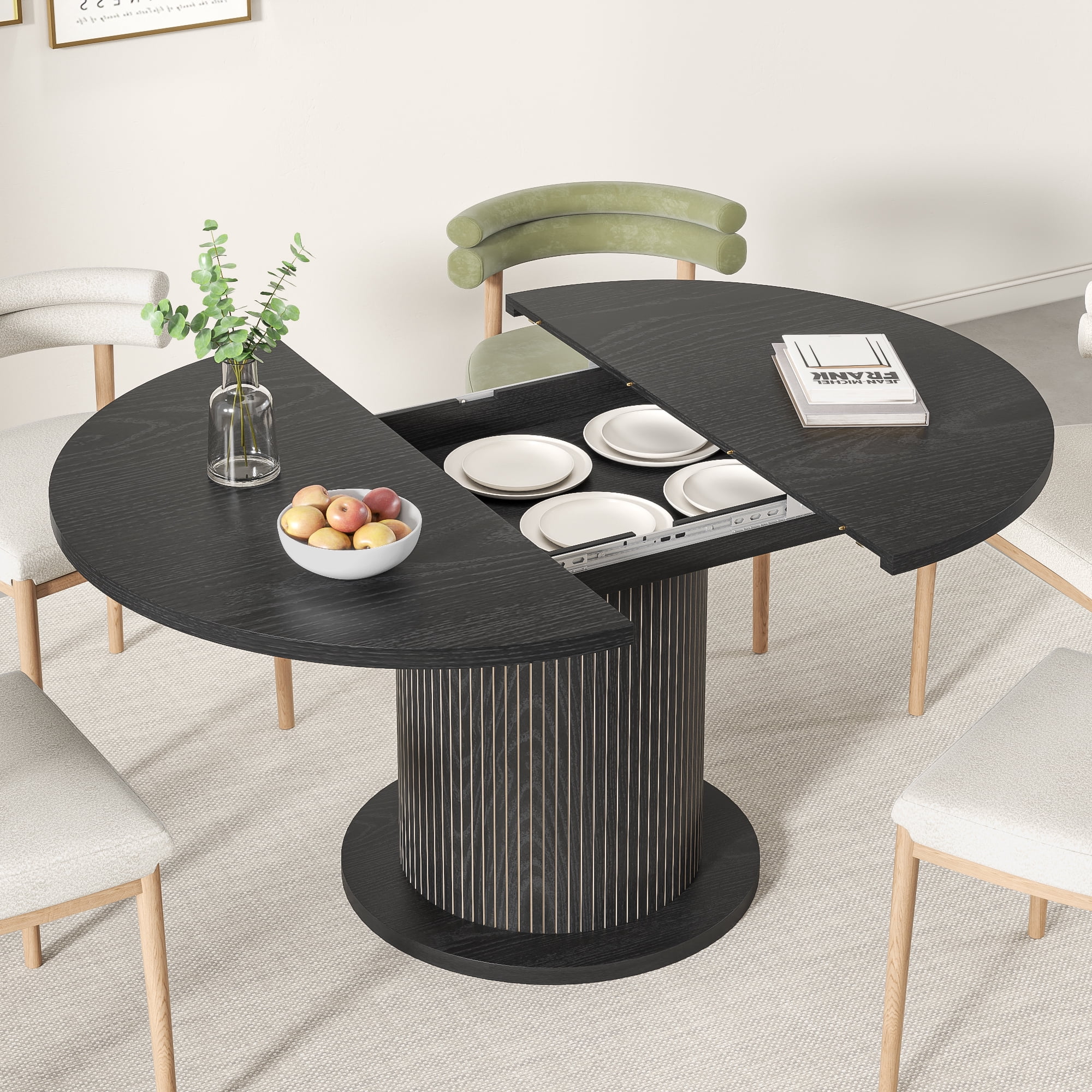 Round Dining Table for 4-6 People, 43.3“-59“Extendable Round Kitchen Dining Table with Pedestal Base, Black