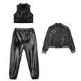 thumbnail image 4 of Alvivi 3Pcs Girls Hip Hop Clothes Set Performance Costumes Metallic Bomber Jacket Crop Top with Pants Set Black 6, 4 of 5