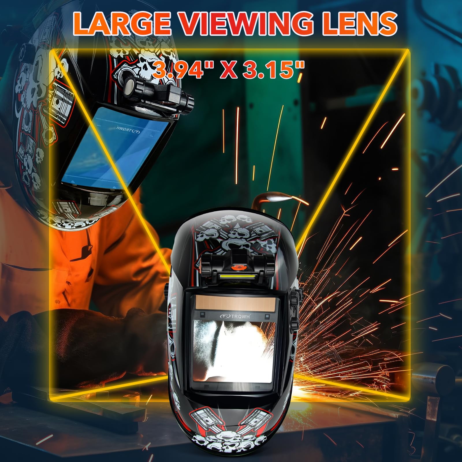 Large View 3.94" x 3.15" Welding Helmet Auto Darkening Welding Hood with LED Light Solar Powered True Color 4 Arc Sensor Welding Mask Wide Shade 4/5-9/9-13 Weld Helmet with Grinding