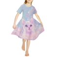thumbnail image 2 of Yuyamidu Cute Short Sleeve Cat Dress Girls Holiday Party Skater Dress for Kids Age 5-6 Novelty Graphic A Line Midi Dresses Fashion Bling One-Shoulder Princess Dress, 2 of 6