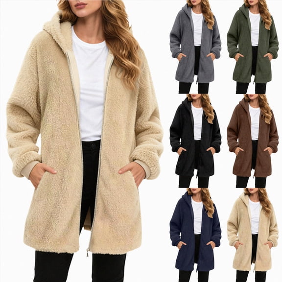 COMVALUE Womens Oversized Jacket Fuzzy Fleece Zip Up Jacket Warm Winter Coats Faux Fur Coat with Pockets (Navy, S)