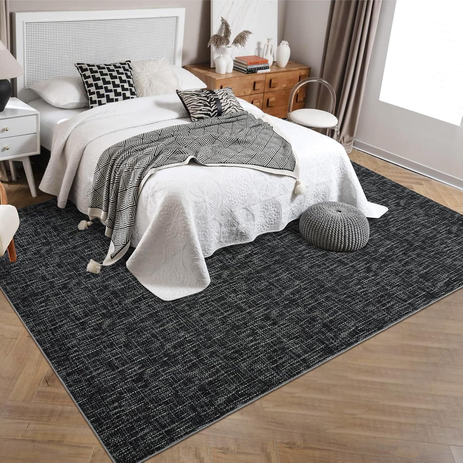 8x10 Washable Rug, Non-Slip, Modern Abstract Area Rug, Stain Resistant, Large, Contemporary Accent Throw, Floor Carpet, Dining, Home Decor, Black.