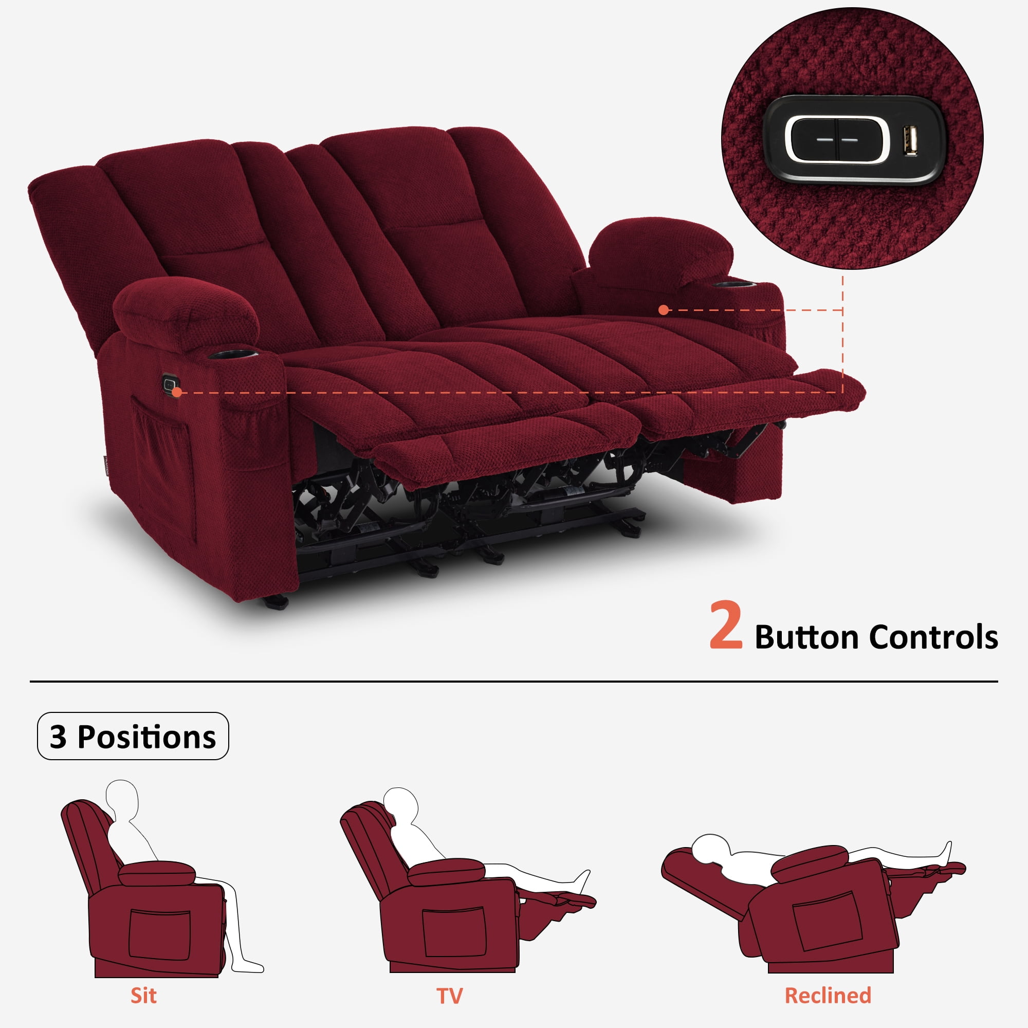MCombo Power Loveseat Recliner w/ Massage USB Port for Living Room Burgundy Fabric 6025