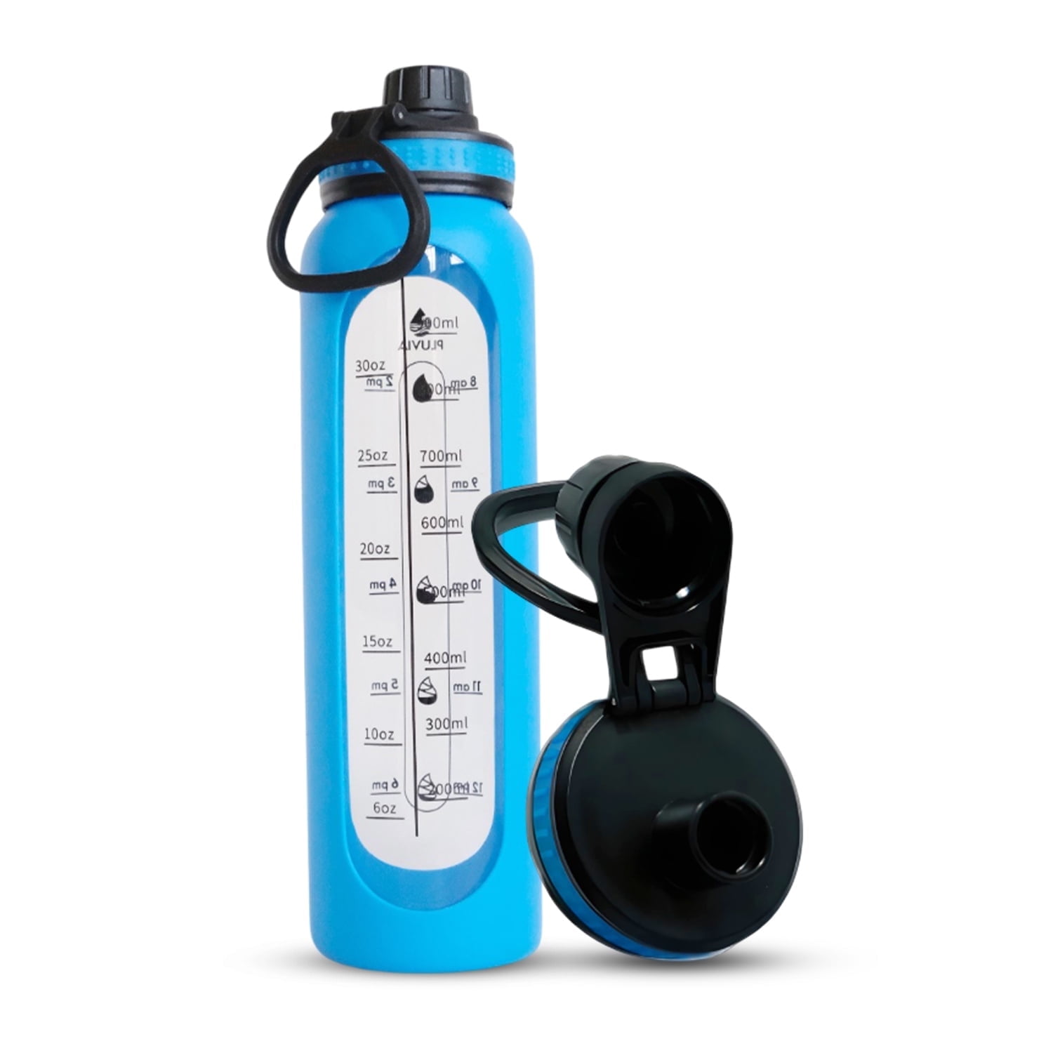 PLUVIA 35 oz Glass Water Bottle β BPA-Free, Thick Borosilicate Glass, Hydration Tracking (Blue)