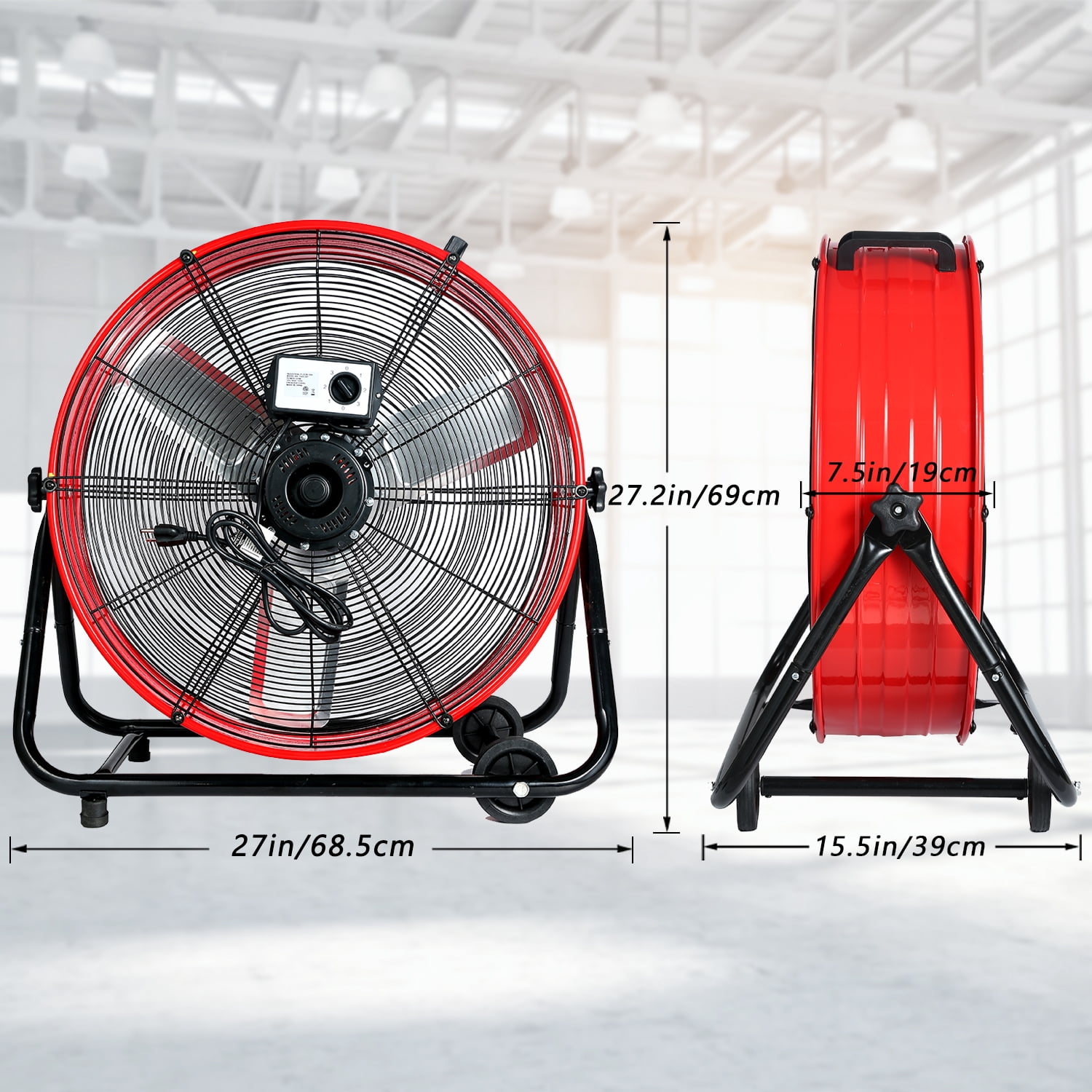 24"Industrial Fan High Velocity,Heavy Duty Drum Fan up to 8100CFM,3-Speed & 360°Adjustable,Ideal for Home, Garage, Indoor/Outdoor Use, Red