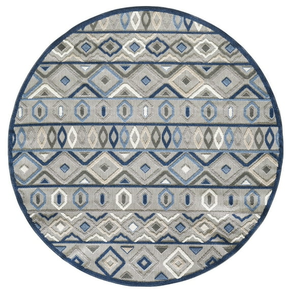 8â€™ Round Gray Blue Aztec Pattern Indoor Outdoor Area Rug