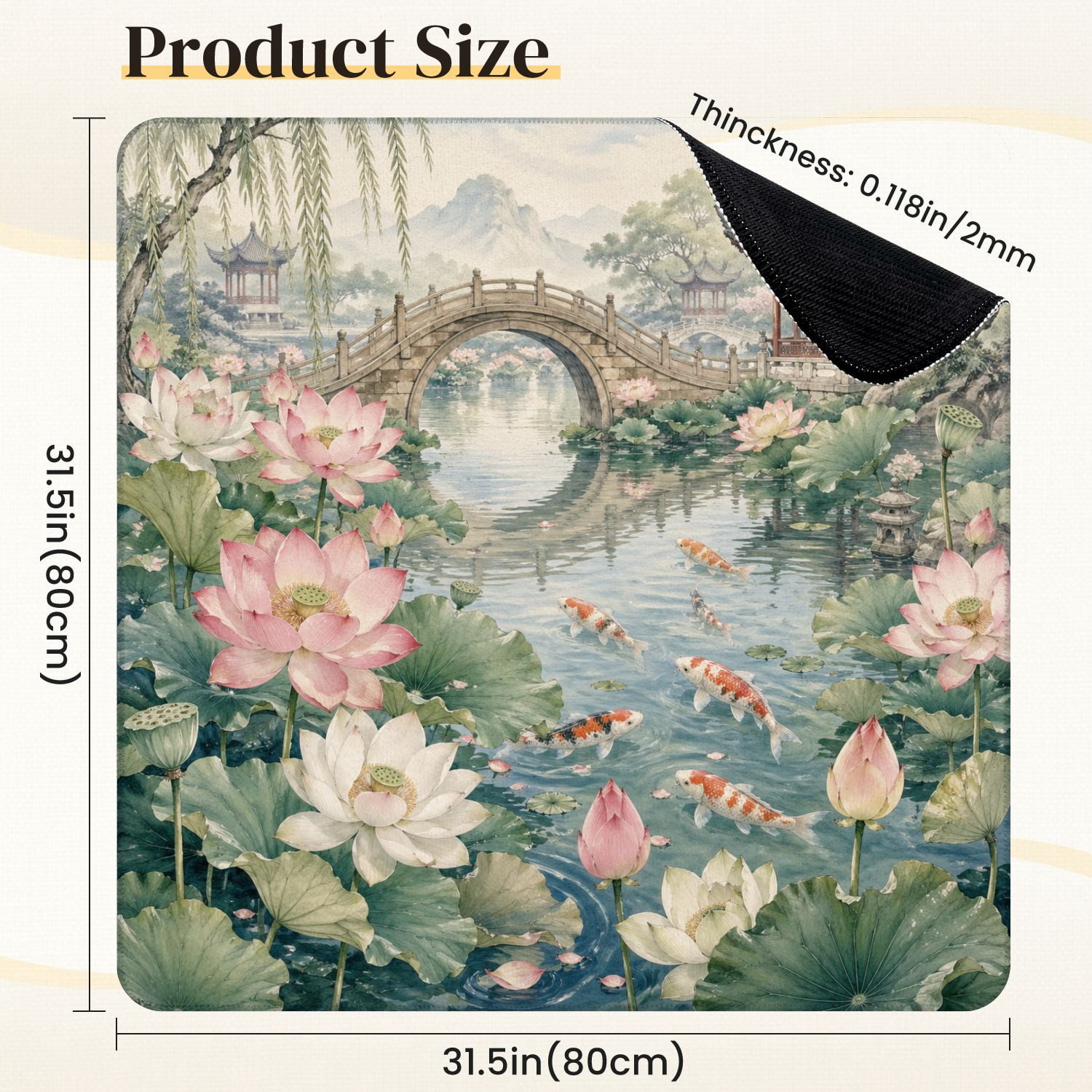 Mahjong Mat 31.5" x 31.5" Serene Lotus Pond Fish Stone Bridge Traditional Garden Pavilions Non-Slip Noise Reduction Mahjong Tiles Table Cover for Dominoes Poker Card Board and Tile Games