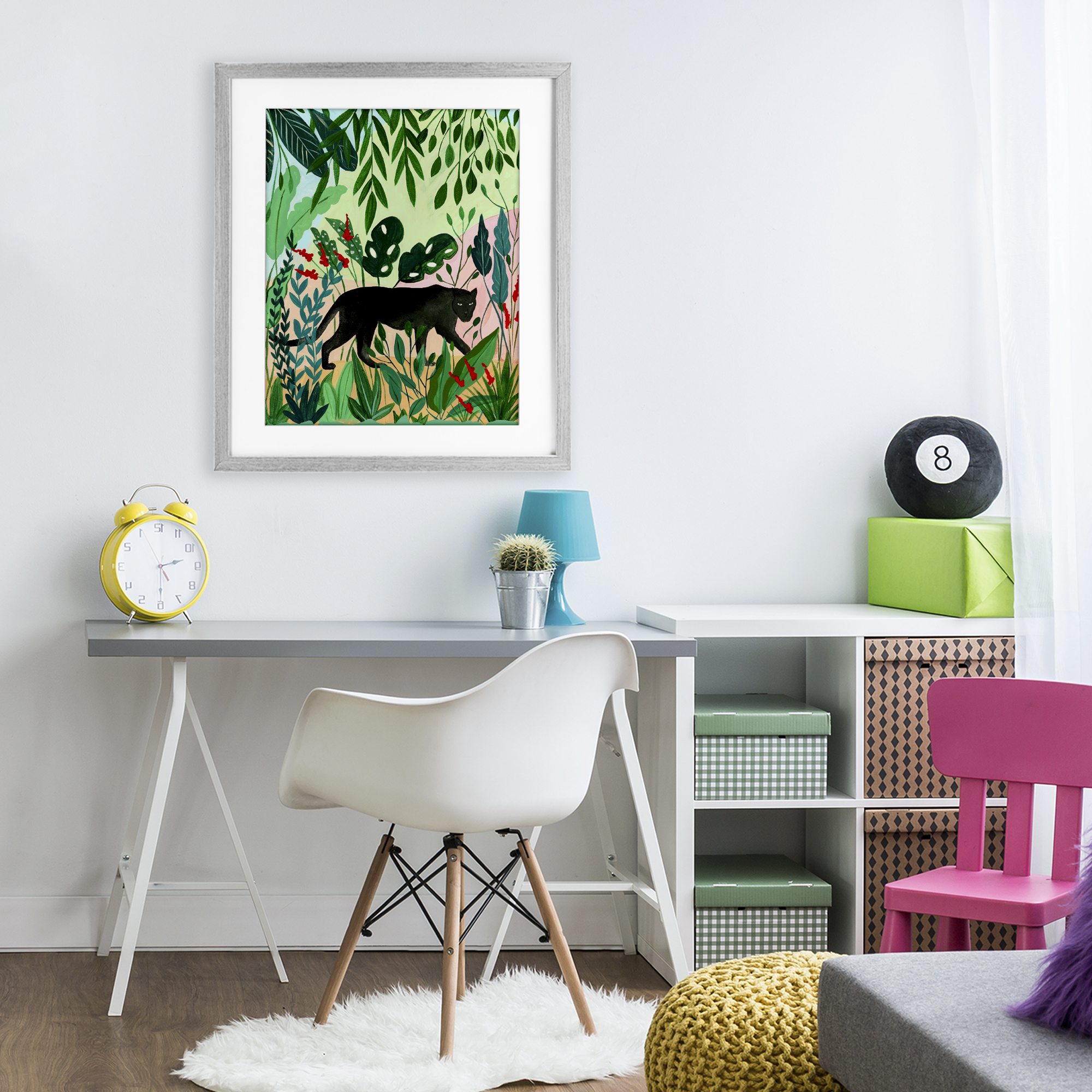 Stoic Panther Tropical Forest Gray Framed Print Under Glass, design by Nabeela Rumi