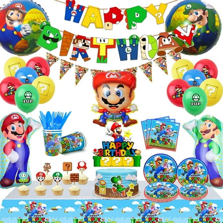 Super Mario Birthday Party Supplies,All-in-One Pack Mario Party Supplies Included Super Mario Bros Balloons Banners Plates Tablecloth Balloons etc Mario Party Decorations for Boys Kids
