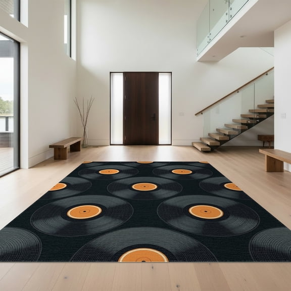 Design&I 8'x10' Washable Area Rug Sleek Flatweave Pet Friendly Retro Spinning Disc With Concentric Groove Rings Vinyl Record Refined Structured for King Size Bedroom, Under Bed